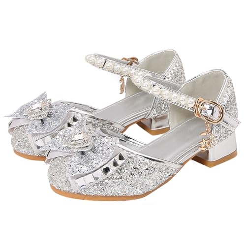 Mädchen Prinzessin Sandalen,Sommer PU Pailletten Schuhe,Strass-Bogen-Blütenblattdekoration High Heels Schuhe,Kinder Hochzeit Party Rutschfest Performance Schuhe 27-35 (Sliber, 31) von Generic