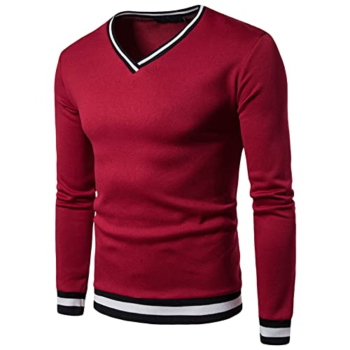 Männer V-Ausschnitt Rib Bottom Saum Pullover Classic Basic Solid Slim Sweatshirt Herbst Einfach Warmhalten Langarm Outwear (Rot,S) von Generic
