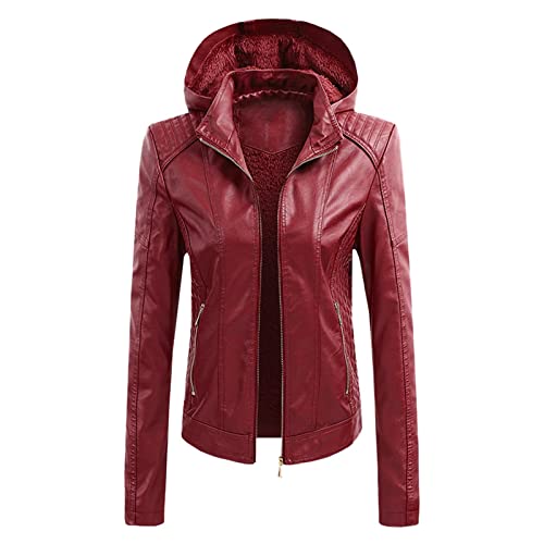 Mantel Damen Smaragd Damen Langarm Lederjacke Motorrad Lederjacke PU Lederjacke Mode Damen Jacke Mantel mit abnehmbarem Hut (Red, L) von Generic