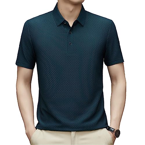 Men's Ice Silk Breathable Slim Business Short-Sleeved, Stretch Slim Fit Lapel T-Shirt Business Polos Polo Shirt (Blue,L) von Generic