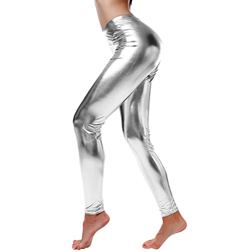 Metallic Damen Leggins Silber Leggins Silber Metallic Damen Glänzende Hose 80er mit Hoher Taille Shiny Leggings Party Tanz Disco Kostüm Karneval Space Kostüm Metallischer Hosen Silber (White-A, L) von Generic