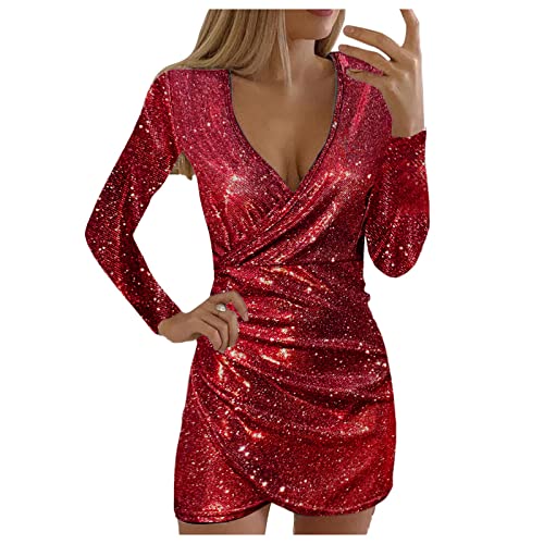 Mini Kleid Frauen Sexy, Partykleid Frauen Slim-Fit Glitzer, Tunikakleid Frauen Tiefer V-Ausschnitt Langarm, Wickelkleid Frauen Hohe Taille Kurz, Eleganter Abendkleider Bodycon Kleid Ballkleid von Generic