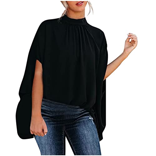 Mock-Hals Locker Sommer Atmungsaktive Blusentops Weiblich Fledermaus Schmetterling Oberhemd Modern Rüschen Hochzeit Shirt Für Damen 02-Schwarz XXL von Generic