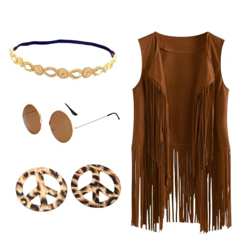 Modische Leopardenmuster Ohrringe Stirnband Glaslose Fransen Cardigan Weste mit Quasten für Musikfestivals und Partys, Small, Wildleder, Braun Modische Leopardenmuster Ohrringe Stirnband Glaslose Fransen Cardigan Weste mit Quasten für Musikfestivals und Partys, Small, Wildleder, Braun von Generic