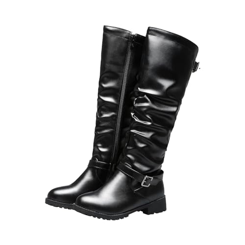 Modische Mode-Stiefel mit mittlerer Gürtelschnalle, runder Zehenpartie, niedrigem Absatz und seitlichem Reißverschluss Damen Schuhe Elegant Schwarz (Black, 35) von Generic