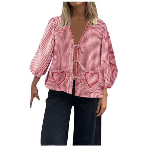 Musselin Bluse Damen Mode Damen Mode Oberteil mit Schößchen Vorne zum Binden Y2K Hemd Puffärmel Schnürung Schleife Rüschensaum Babydoll Krawatte Blusen V-Ausschnitt, Farbblock, Niedliche Hemden Musselin Bluse Damen Mode Damen Mode Oberteil mit Schößchen Vorne zum Binden Y2K Hemd Puffärmel Schnürung Schleife Rüschensaum Babydoll Krawatte Blusen V-Ausschnitt, Farbblock, Niedliche Hemden von Generic