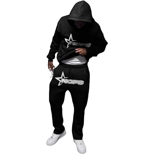 NOFS Jogginghose und Trainingsanzüge | Buchstaben Druck Lose Hoodies und Jogginghosen Y2K für Herren | Hip Hop Streetwear Tracksuit Männer Pullover Lässig Oberteile und Sporthosen Schwarz XL von Generic