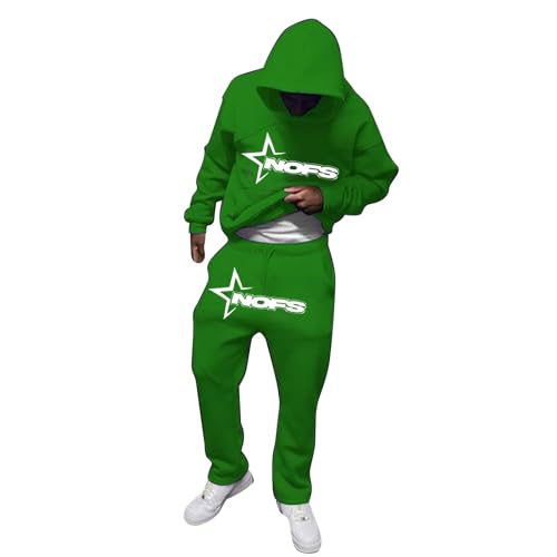 NOFS Streetwear Trainingsanzüge für Herren | Buchstaben Drucklose Hoodies und Jogginghosen Y2K Männer | Hip Hop Hose Streetwear Tracksuit Pullover Lässig Oberteile und Sporthosen Grün XL von Generic