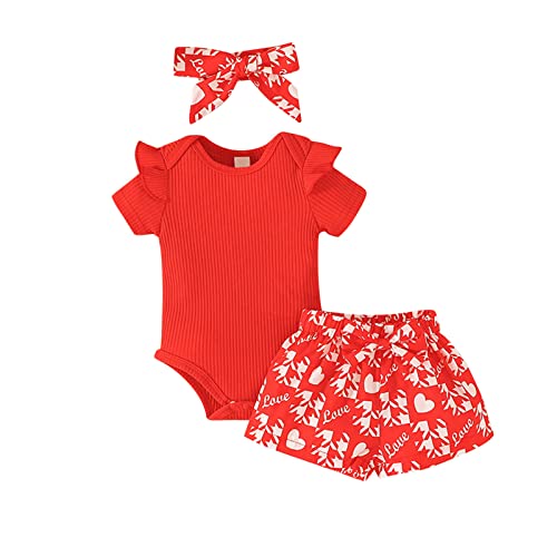 Neugeborene Baby Mädchen Kleinkinder Valentinstag gerippte Shorts Ärmel Strampler Shorts Haarband Outfit Set Babykleidung 12 monate (Red, 6-9 Months) von Generic