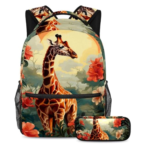 Niedliche Giraffe machen Sie sich bereit für den Schulanfang mit unserem Rucksack und Federmäppchen-Set für Jungen, Mädchen und Teenager, Mehrfarbig Nr. 05, B：29.4x20x40cm P：19x7.5x3.8cm, von Generic
