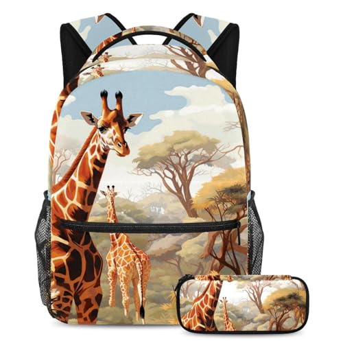 Niedliche Giraffe machen Sie sich bereit für den Schulanfang mit unserem Rucksack und Federmäppchen-Set für Jungen, Mädchen und Teenager, Mehrfarbig Nr. 06, B：29.4x20x40cm P：19x7.5x3.8cm, von Generic