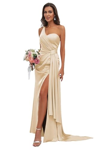 One-Shoulder-Satin-Brautjungfernkleid gerüschtes Abendkleid für Frauen mit Schlitz langes, schmales Kleid Champagne XS von Generic