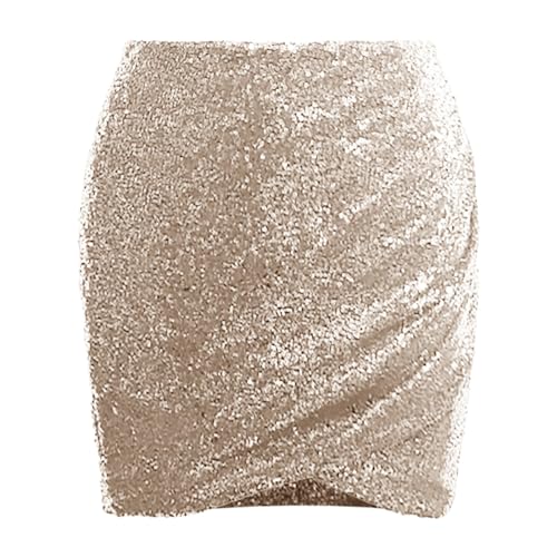 Pailettenrock Für Damen Glitzer Rock Damen Minirock Bleistiftrock Party Bodycon Short Sequin Skirt Taille Party Rave Outfit Pailetten Rock für Damen Silvester Sexy Minirock Hippe (A-Beige, M) von Generic