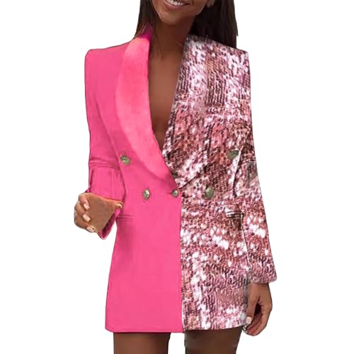 Pailletten Blazer Damen mit Glitzer Blazerkleid Langarm Blazer Kleid Slim Fit Glänzend V-Ausschnitt Lange Sakko Blazermantel Party Anzug Mädchen Sequin Knopf Anzugjacke Spleißen Minikleider Clubwear von Generic