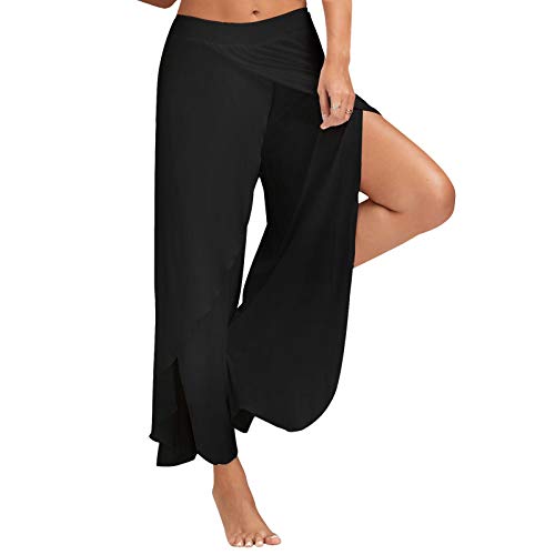 Palazzo Hose Damen Flowy Freizeithose mit Schlitz, Sommerhosen Damen Leicht und Luftig Hosen Wickelhose Weites Bein Yogahose Dünne Bequeme Sporthose für Frauen Bunte Schlaghose (A01-Black, XXL) von Generic