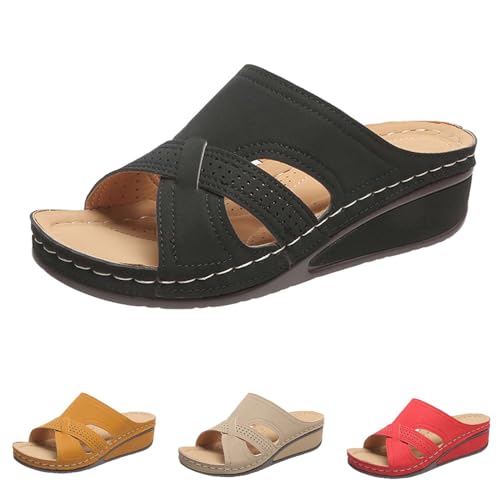 Pantoletten Damen Mit Fussbett Orthopädische Hausschuhe Bequem Vintage Plattform Peeptoe Dicke Sohle Schlappen Rutschfeste Keilabsatz Boho Pantoletten Freizeit Plateau Keilsandalen Slipper von Generic