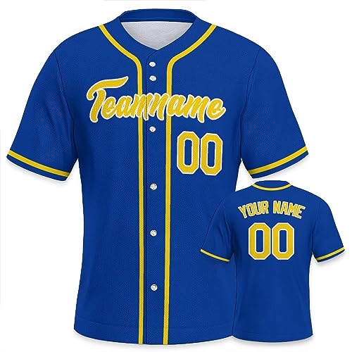 Personalisiertes Baseball Trikot Jersey personalisierte Baseball Uniform Sport Shirts Hip Hop Button Down Baseball Shirts Name und Nummer Logo für Männer und Frauen blau gelb von Generic