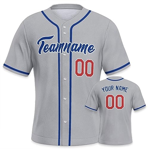 Personalisiertes Baseball Trikot Jersey personalisierte Baseball Uniform Sport Shirts Hip Hop Button Down Baseball Shirts Name und Nummer Logo für Männer und Frauen grau blau von Generic