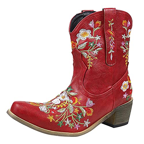 Plateau Reitstiefel Schuhe Damen Stiefel Stiefel Retro Cowboystiefel für Damenschuhe Bestickte Damenstiefel (Red, 41) von Generic