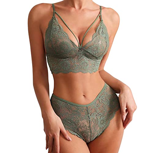 Plus Size 2 Stück Dessous für Frauen Träger-BH und Panty Unterwäsche Sets Spitze Strumpfband Gürtel Höschen & Durchsichtige Strümpfe Dessous Set (03F-Grün, M) von Generic