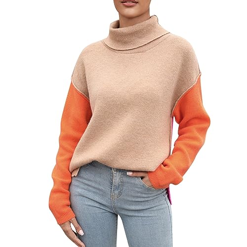 Pullover Damen, Damen Pullover Farbblock Rollkragenpullover Lässig Warm Strickpullover Langarm Rollkragen Sweater Patchwork Elegant Sweatshirt Pulli Winter Strickpulli Winterpullover von Generic