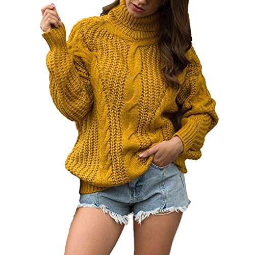 Pullover Damen, Damen Pullover Rollkragen Lässig Strickpullover Warm Langarm Sweater Einfarbig Zopfmuster Rollkragenpullover Oversize Lose Sweatshirt Pulli Winter Elegant Strickpulli von Generic