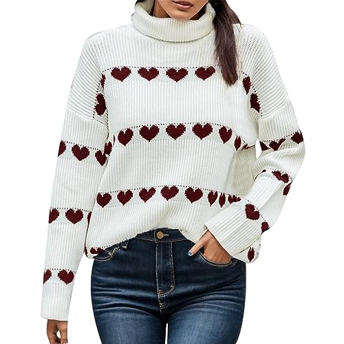 Pullover Damen, Pullover Damen Oversize Strickpullover Herzen Stickerei Pulli Rollkragen Elegant Sweater Langarm Winter Outwear Thermische Tops Casual Sweatshirts Weihnachtspulli für Frauen von Generic