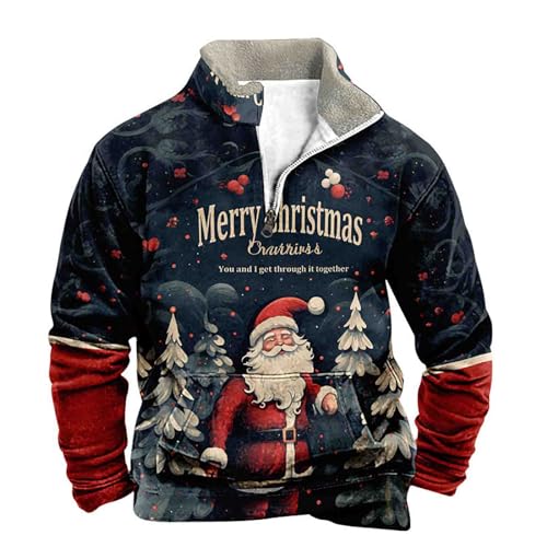 Pullover Herren Ohne Kapuze Weihnachtspullover Digitaldruck Langarmshirt Herbst Winter Männer Stehkragen Half Zip Pullover Oversize Weihnachtspulli Herren Lustige Xmas Sweatshirt Langarm mit Taschen von Generic