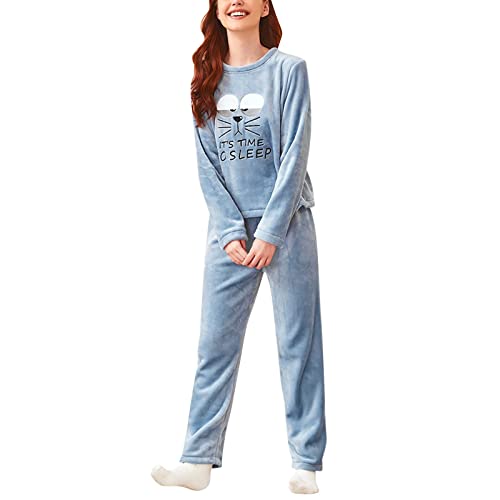 Pyjama Damen Lang - Hausanzug Damen Flanell Plüsch Rundhals Kuschelanzug 2-Set Pyjama Mit Lange Kuschelige Baumwolle Sleepwear Pyjama Set Pyjamahose Schlafanzug Set von Generic