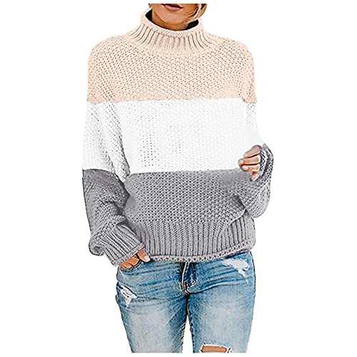 Rollkragenpullover Damen Grobstrick Pullover Strickpullover Herbst Winter Langarm Rollkragen Streifen Sweatshirt Pulli Warm Casual Strick Sweater Oberteile für Frauen, Khaki, XL von Generic