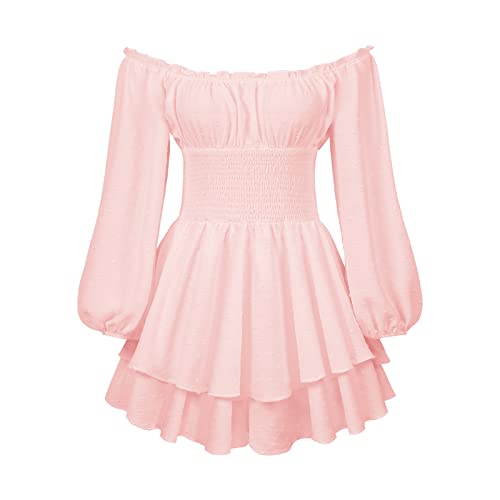 Rüschen-Minikleid mit Shorts, schulterfrei, lange Puffärmel, Plissee-Taille, Prinzessinnenkleid, süßes französisches Kleid, rose, X-Large von Generic