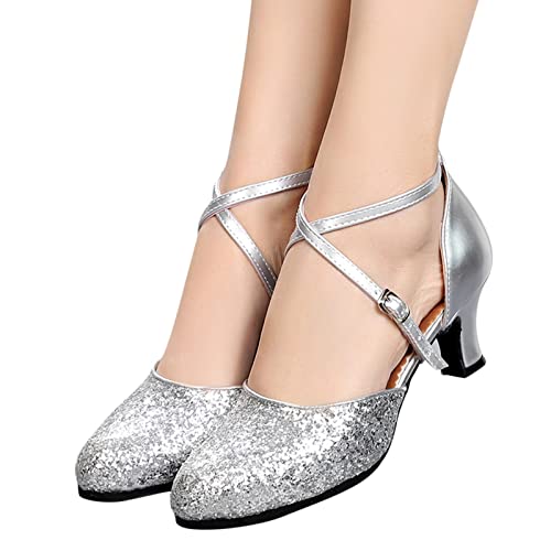 Sandalen Damen, Sandaletten Damen Tanzschuhe Standard Latein Glitzer Elegante Heel Pumps Ballsaal Tango Salsa Schuhe Klassische Brautschuhe Party Hochzeit Knöchelriemen Closed Toe Schuhe von Generic