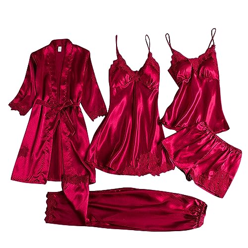 Satin Pyjama 5-teiliges Damen Babydoll Nachthemd Nachtwäsche Baumwolle Sexy Nachthemd Seidensatin Nachthemd Zuhause Verstellbarer Schultergurt Nachtwäsche Nachthemd von Generic