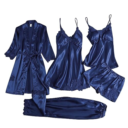 Satin Pyjama 5-teiliges Schlafanzüge Nachthemd Set für Damen Nachtwäsche Baumwolle Sexy Nachthemd Nachtwäsche Negligee Träger Nachtkleid Nachthemden Schlafkleid Reizwäsche Sleepwear Nachtwäsche von Generic