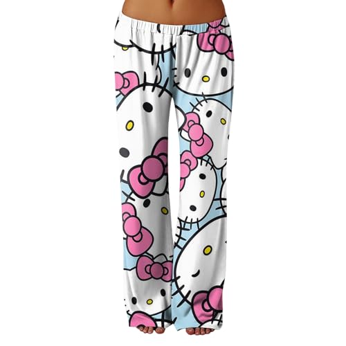 Schlafanzughose Damen Lang Hosen Sommer Pyjamahose Pyjama Schlafhose Lockere Baumwolle Kawaii Schlafanzug Pyjama Weich Anime Kuschelhose Lustige Geschenke Himmelblau L Pyjamahose von Generic