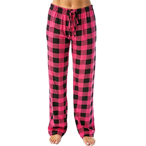 Schlafanzughose Damen Lang Schlafanzug Pyjamahose Karierte Hosen Baumwolle Weich Freizeithose Strandhose Schlafhose Kordelzug Weites Bein Hose mit Taschen (Pink-C, M) von Generic