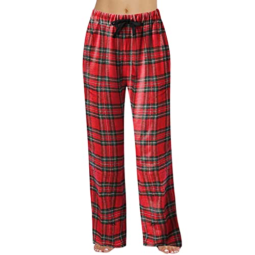 Schlafanzughose Damen Lang Schlafanzug Pyjamahose Karierte Hosen Baumwolle Weich Freizeithose Strandhose Schlafhose Kordelzug Weites Bein Hose mit Taschen (Red-B, L) von Generic