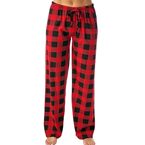 Schlafanzughose Damen Lang Schlafanzug Pyjamahose Karierte Hosen Baumwolle Weich Freizeithose Strandhose Schlafhose Kordelzug Weites Bein Hose mit Taschen (Red-C, L) von Generic