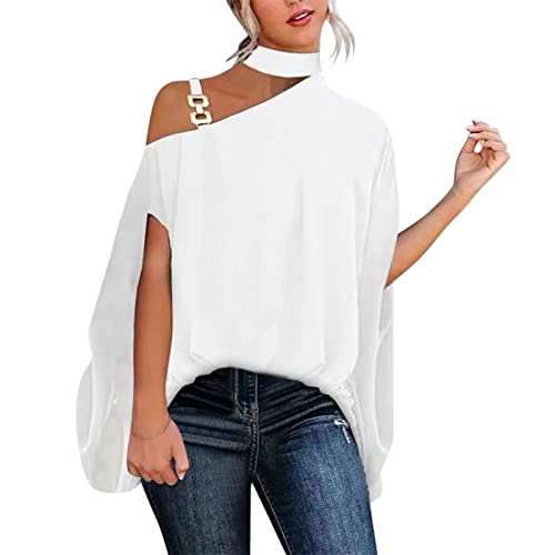 Schulterfreies Oberteile Damen Sexy - Neckholder T Shirt Damen Metallknopf Träger Fledermausärmel Asymmetrisch Bluse Elegant Kurzarm Trend Party Oberteil Tunika Tops Blusen & Tuniken für Frauen von Generic