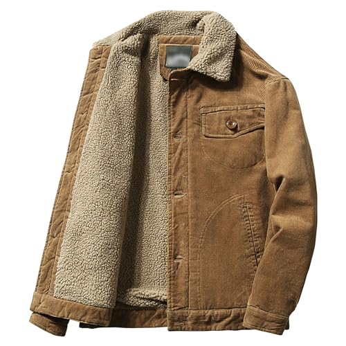 Sherpa-gefütterte Baumwoll-Cordjacke für Männer Fleecejacken mit Revers und Knopfleiste Warm gefütterte Wintermäntel (Kaffee,3XL) von Generic