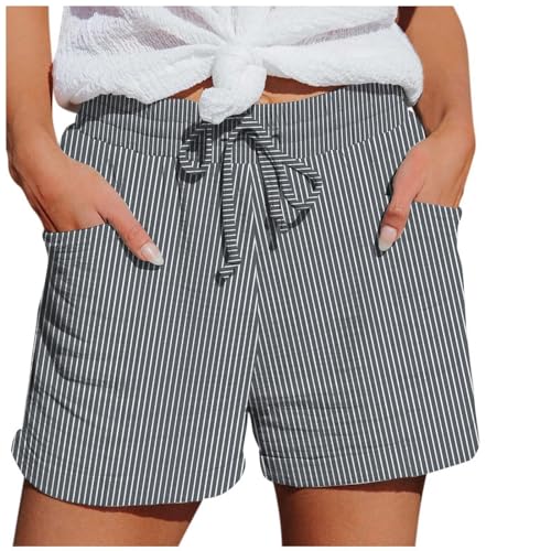 Shorts Damen Sommer Leinen Musselin Kurze Hose Beach Shorts Mit Kordelzug Kurze Hose mit Taschen Gummiband Freizeit Shorts Elastische Stoffhose Weite von Generic