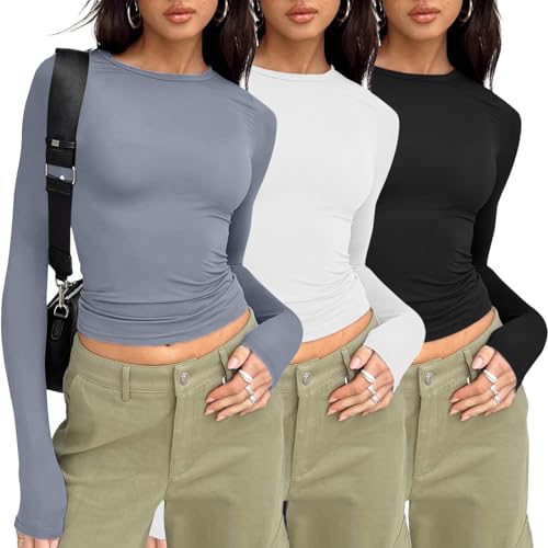 Skims Dupe, Skims Y2K Oberteil Langarmshirt Weiß Damen 3Er Pack Langarmshirt Tunika Damen Basic Skims Dupe Langarmshirt Eng Longsleeve Crop Tops Y55K Streetwear Oberteile (A11,S) von Generic