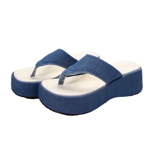 Sneaker Schuhe Damen Damen-Sommer-Slipper mit übergroßen dicken Sohlen und Fischgrätenmuster und Pinch-Toe-Denim-Strandschuhen und Hausschuhen mit quadratischer Schuhe Damen Sportschuhe (Blue, 36) von Generic