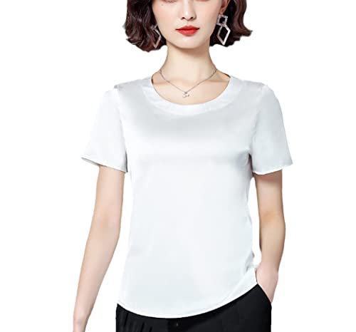 Sommer Damen Basic Solid T-Shirts O-Ausschnitt Kurzarm T-Shirts Tops Satin Seide Elegant Dünne Shirts für Damen, weiß, M von Generic