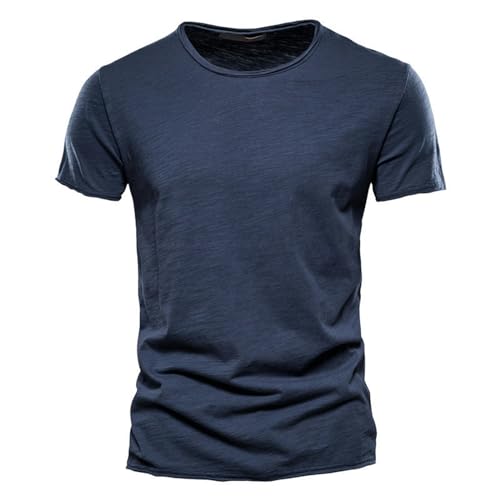 Generic Sommer-Herren-T-Shirt aus einfarbiger Bambus-Baumwolle mit V-Ausschnitt und kurzen Ärmeln, Reine Baumwolle, europäische und amerikanische Herrenbekleidung-F038-Marineblau-XL von Generic