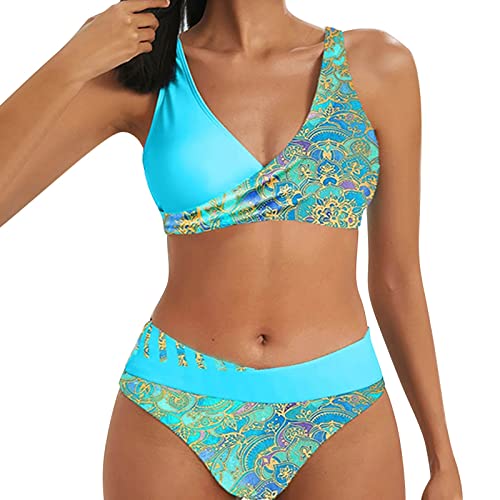 Sommer Strand Badeanzug Schwimmen Sport BH mit Shorts Unterteil Damen Bedruckt Zweiteiliger Bikini Set Sexy Damen Brasilianischer Badeanzug Bademode, blau, 44 von Generic