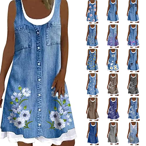 Sommerkleid Damen Imitation Denim Druck Kleider Knielang Strandkleid Hawaii Minikleid Teenager Mädchen Abschlusskleid Ärmelloses Trägerkleid Lässiges Boho Kleid Faux Jeans Kleid Sexy Freizeitkleid von Generic