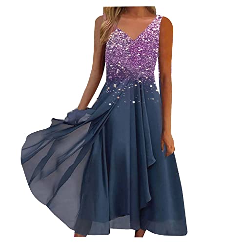 Sommerkleid Damen Knielang Chiffon Kleid V-Ausschnitt Partykleid mit Spizen ärmellos Abendkleid Hoch Taille Vintage Swing Brautkleid Elegant A-Line Kleider Einfarbig Cocktailkleid von Generic