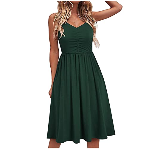 Sommerkleid Einfarbig Spaghetti Strandkleid Damen Sommerkleid Cocktailkleid Freizeitkleid Urlaubskleid Abschlusskleid V-Ausschnitt Floral Spaghettiträger Sommer Trägerkleid A-Linien Midikleid von Generic