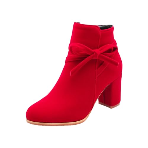 Stiefeletten Damen Mit Absatz Boots Damen Einfarbige Damen-Stiefel mit Perlenschleifenbesatz an der Innenseite, modische Mittelstiefel (Red, 41) von Generic